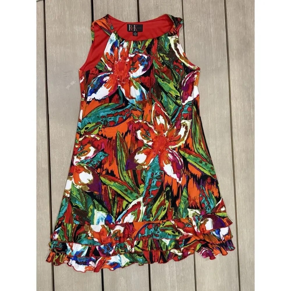 R&K Originals Women's Halter Mini Dress Medium Ruffle Hem Botanical Bold Print‎